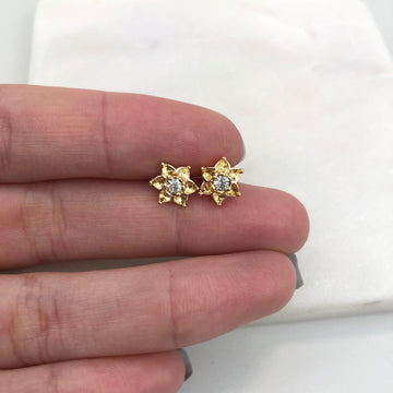18K Gold Layered Oro Laminado Clear Cubic Zirconia Flower Design Kids Plugs Earrings Wholesale 21.0069/1